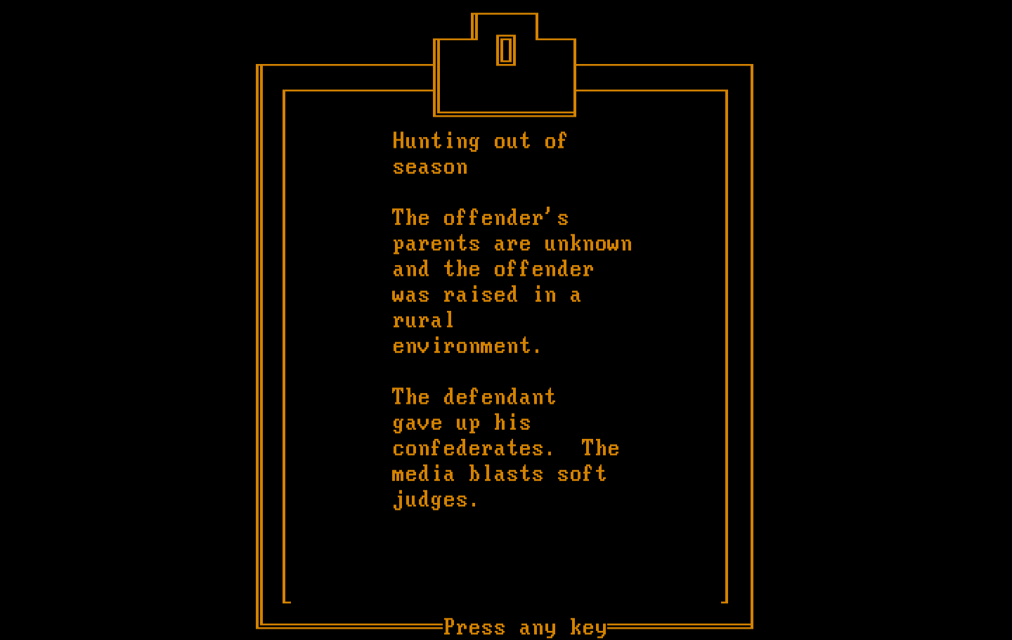 Crime and Punishment IBM PC/Compatibles Screenshot: Here's the facts I've learned so far...