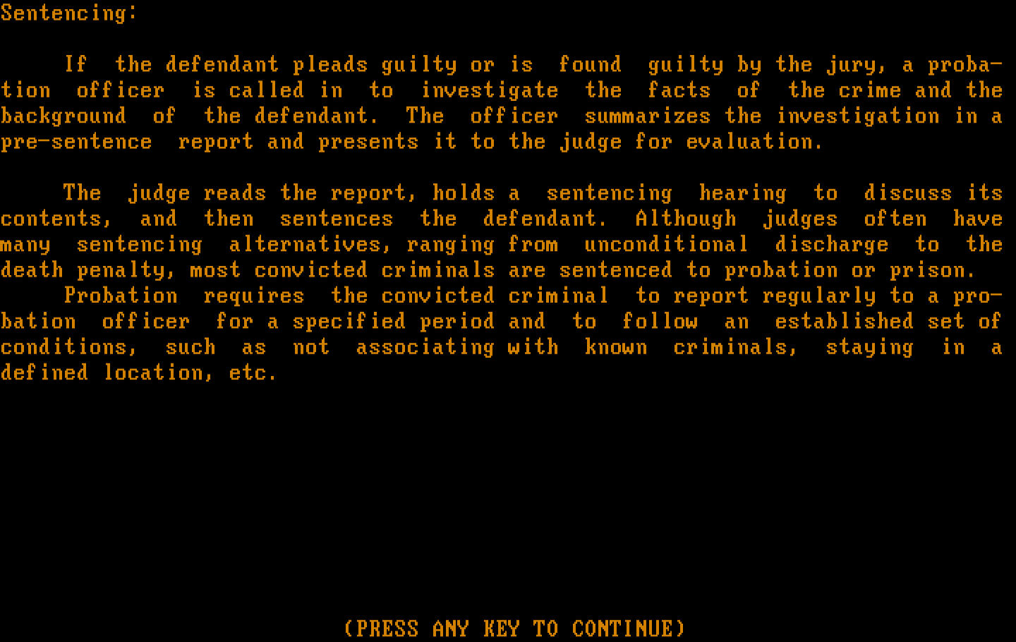 Crime and Punishment IBM PC/Compatibles Screenshot: Sentencing guidelines.