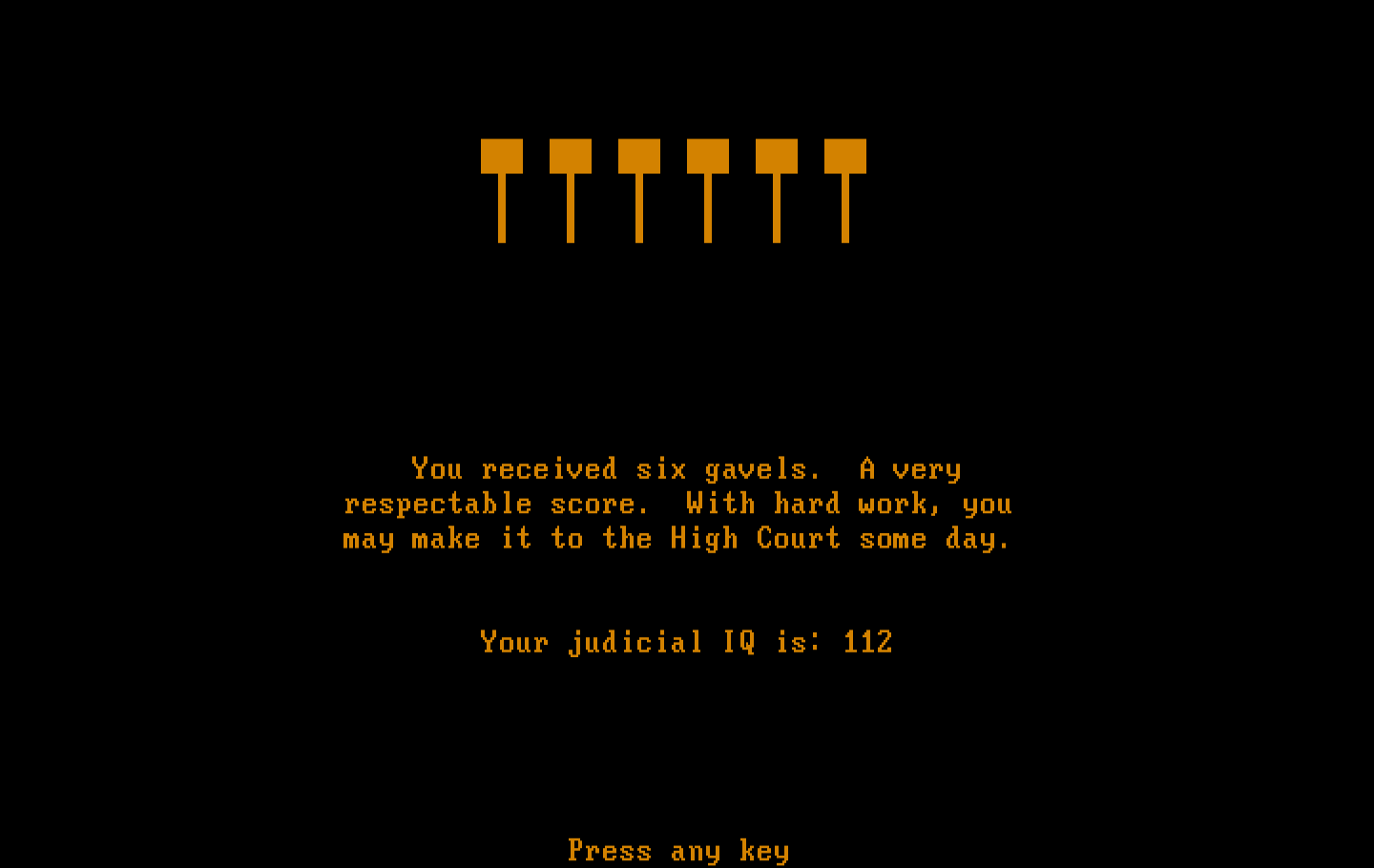 Crime and Punishment IBM PC/Compatibles Screenshot: I received six gavels, not a bad score!