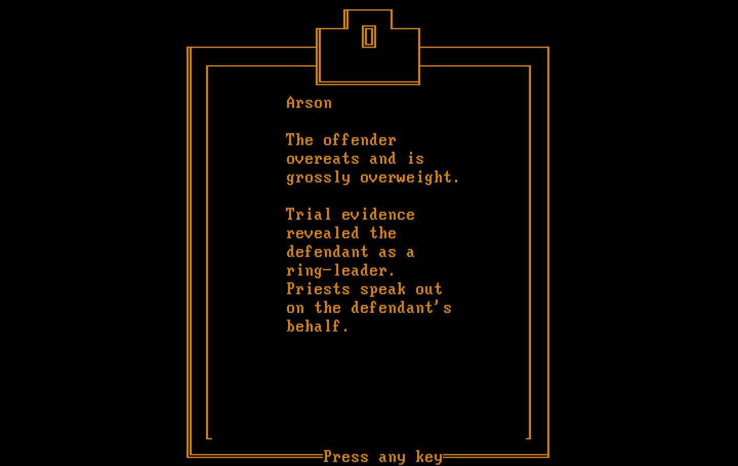 Crime and Punishment IBM PC/Compatibles Screenshot: Review the known facts.