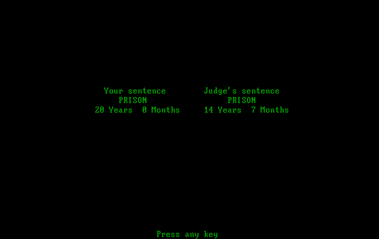 Crime and Punishment IBM PC/Compatibles Screenshot: Here's what I chose and what a real judge chose...
