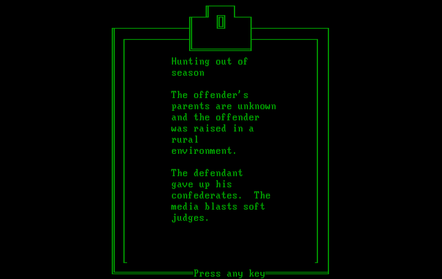 Crime and Punishment IBM PC/Compatibles Screenshot: Here's the facts I've learned so far...