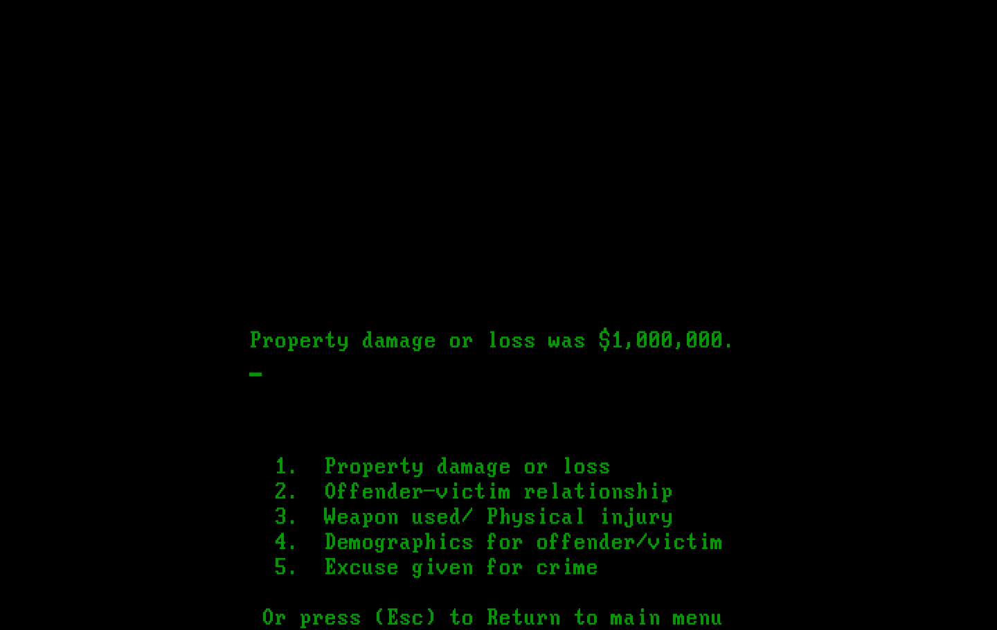 Crime and Punishment IBM PC/Compatibles Screenshot: Property loss was pretty high...