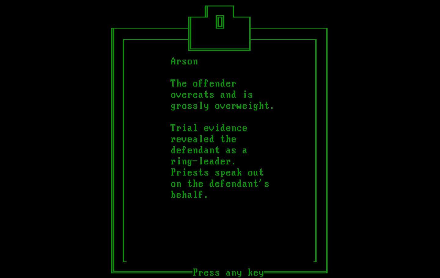 Crime and Punishment IBM PC/Compatibles Screenshot: Review the known facts.