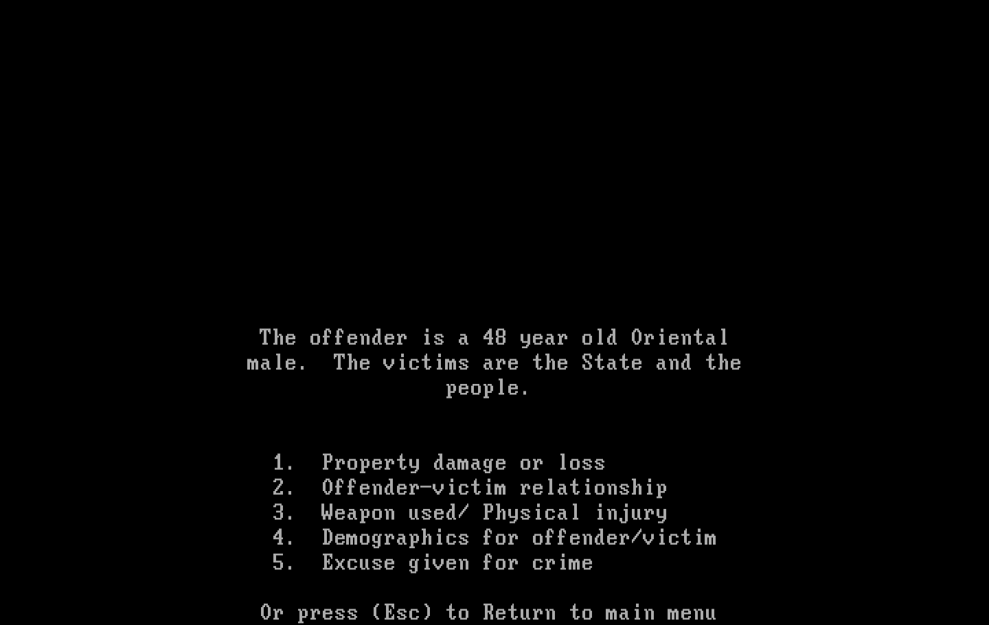 Crime and Punishment IBM PC/Compatibles Screenshot: A few details about the offender.