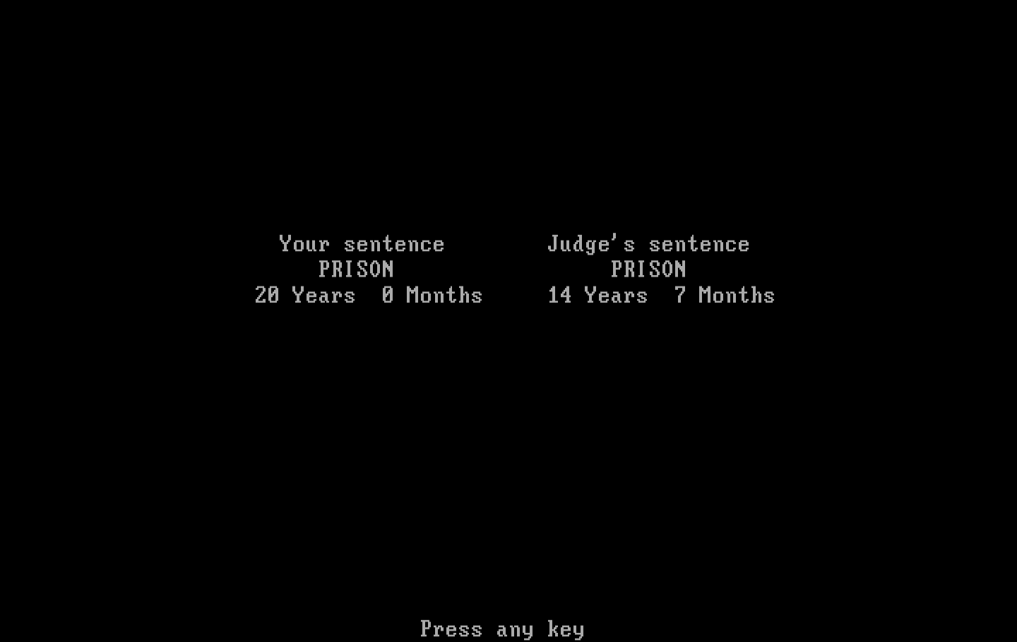 Crime and Punishment IBM PC/Compatibles Screenshot: Here's what I chose and what a real judge chose...