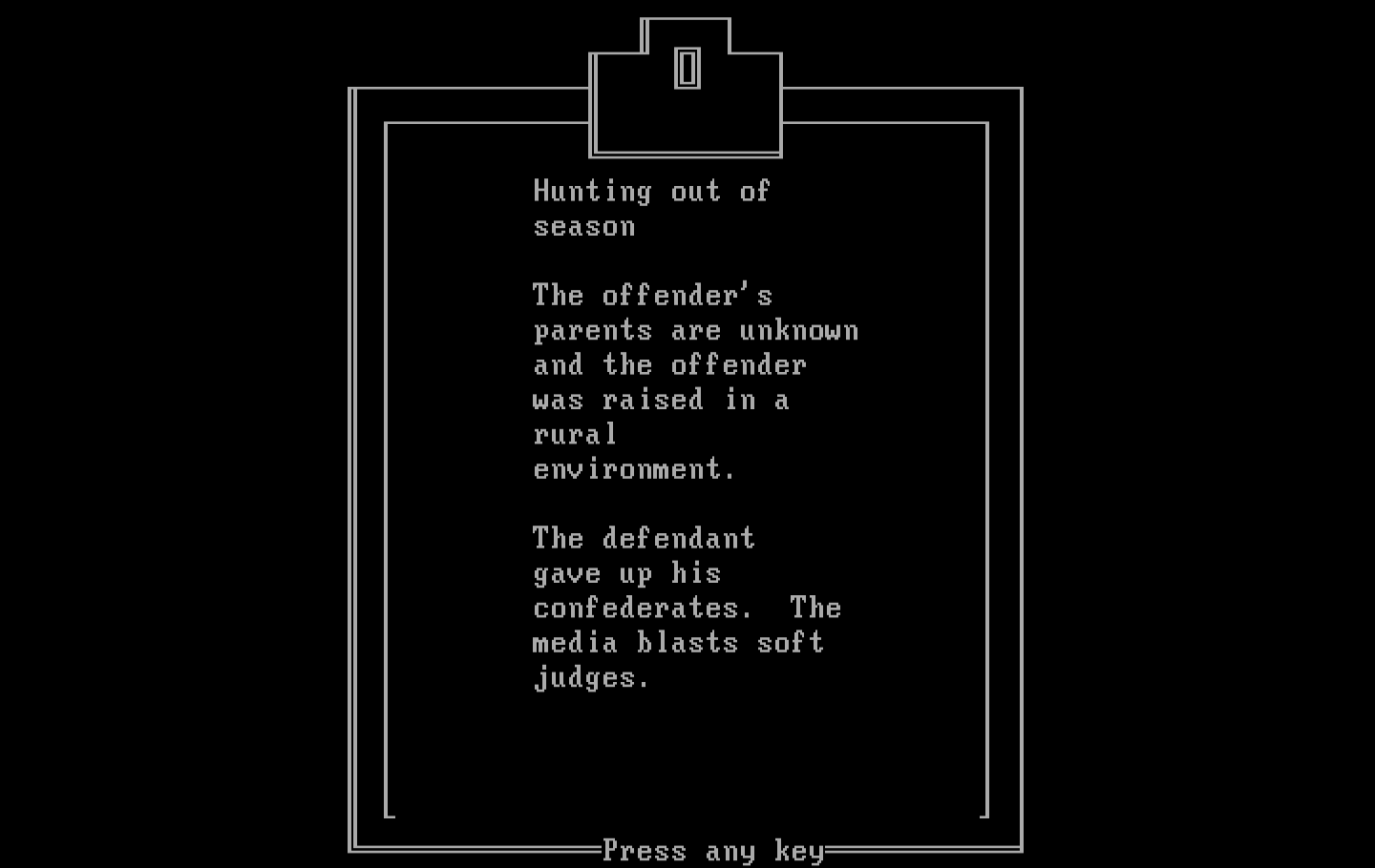 Crime and Punishment IBM PC/Compatibles Screenshot: Here's the facts I've learned so far...