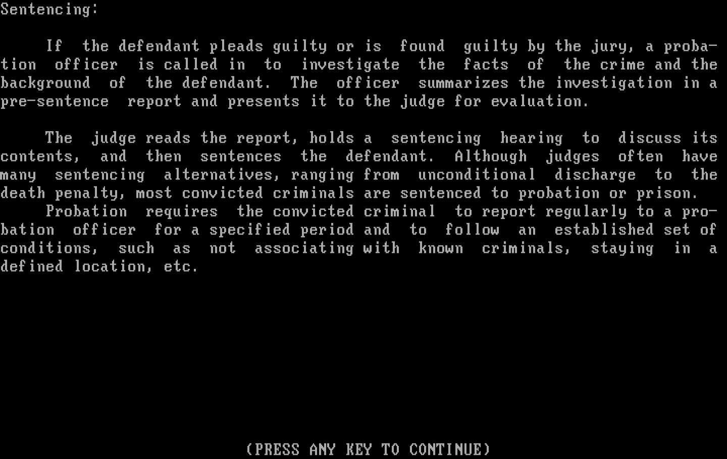 Crime and Punishment IBM PC/Compatibles Screenshot: Sentencing guidelines.