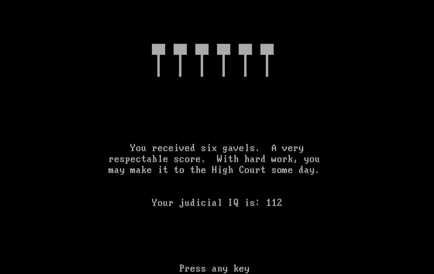 Crime and Punishment IBM PC/Compatibles Screenshot: I received six gavels, not a bad score!