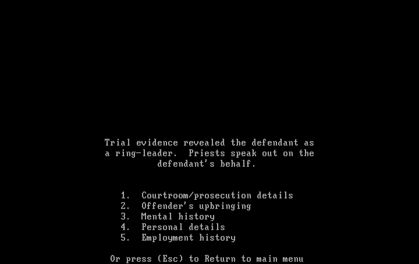 Crime and Punishment IBM PC/Compatibles Screenshot: Learning some additional details about the case...