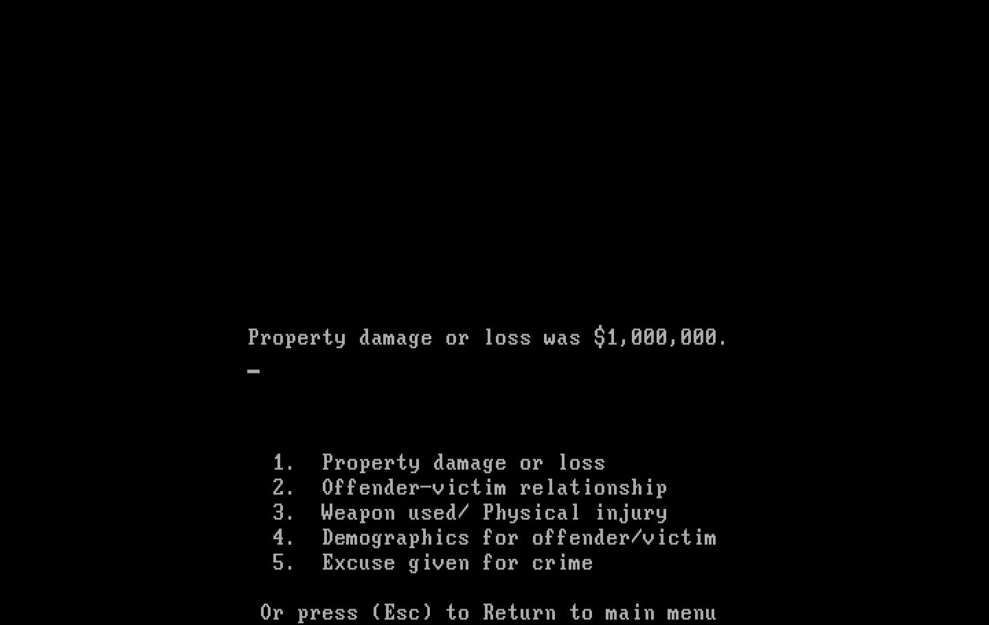 Crime and Punishment IBM PC/Compatibles Screenshot: Property loss was pretty high...