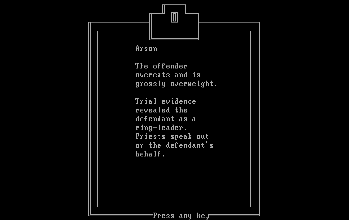 Crime and Punishment IBM PC/Compatibles Screenshot: Review the known facts.