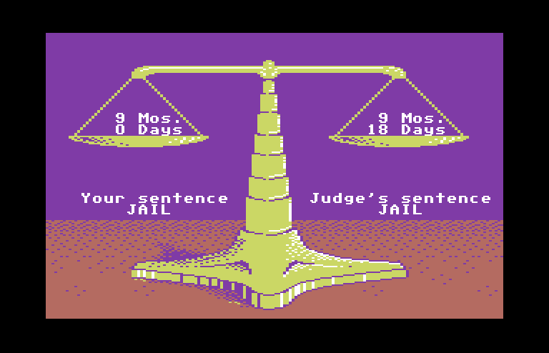 Crime and Punishment Commodore 64 Screenshot: My sentence was just 18 days off from the judge's sentence! Pretty close...