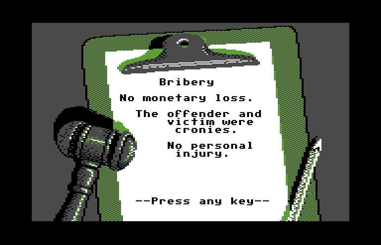 Crime and Punishment Commodore 64 Screenshot: Here's what I've learned so far...