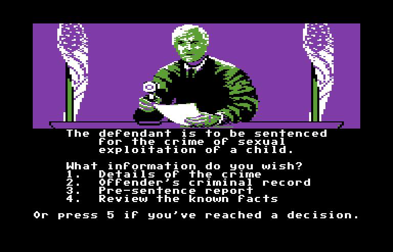 Crime and Punishment Commodore 64 Screenshot: Game start; what information do you wish?