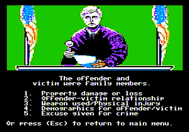 Crime and Punishment Apple II Screenshot: Reviewing some of the case information.