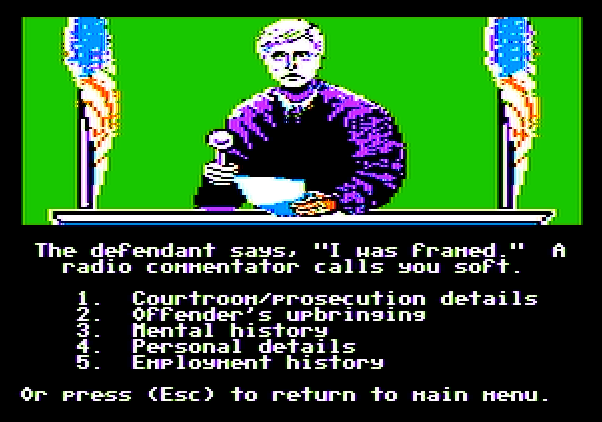 Crime and Punishment Apple II Screenshot: The defendant claims he was framed!