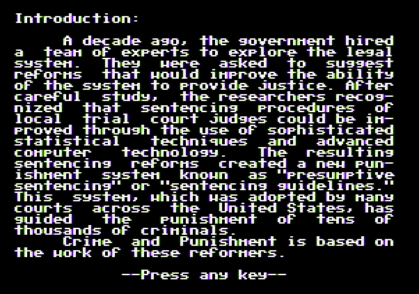 Crime and Punishment Apple II Screenshot: Introduction.