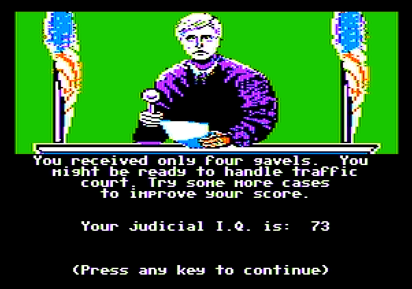 Crime and Punishment Apple II Screenshot: I received only four gavels for such a poor job.