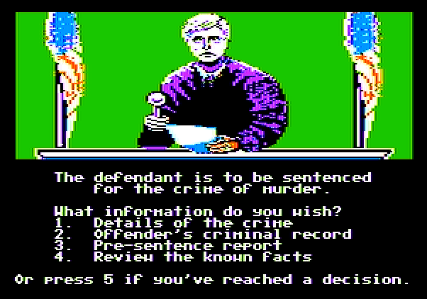 Crime and Punishment Apple II Screenshot: The defendant is being sentenced for murder.
