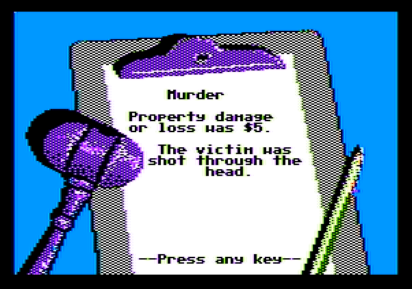 Crime and Punishment Apple II Screenshot: Examining the details of this murder case...