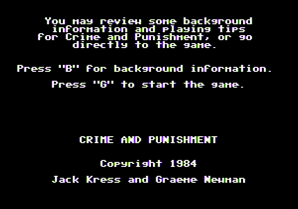 Crime and Punishment Apple II Screenshot: Game title and introduction.