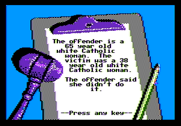 Crime and Punishment Apple II Screenshot: The information I know so far...