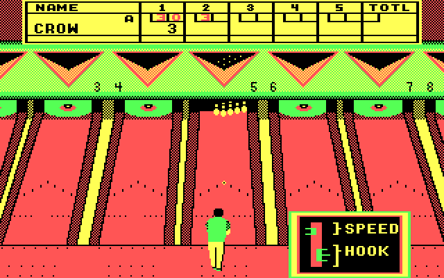 10th Frame IBM PC/Compatibles Screenshot: Not a great first attempt, there are still 7 pins to knock down.