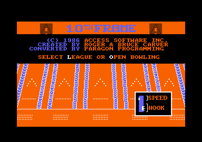 10th Frame Amstrad CPC Screenshot: Title screen and main menu.