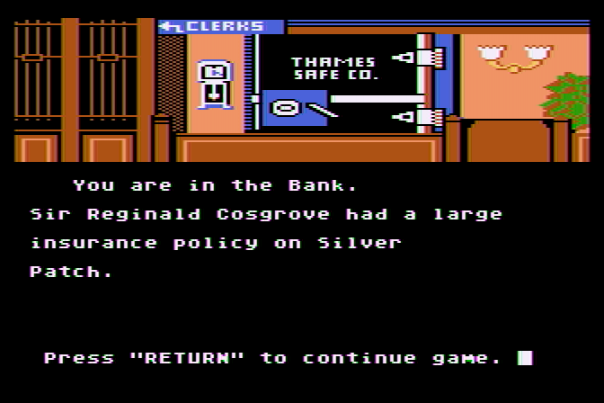 221 B Baker St. Atari 8-bit Screenshot: In the bank...is this a clue?