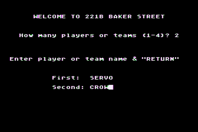 221 B Baker St. Atari 8-bit Screenshot: Setting up a new game.