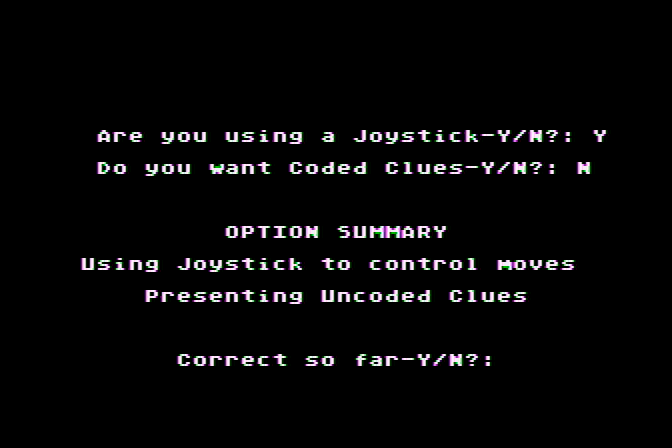 221 B Baker St. Atari 8-bit Screenshot: Are these game options ok?