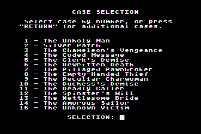 221 B Baker St. Atari 8-bit Screenshot: Case selection.