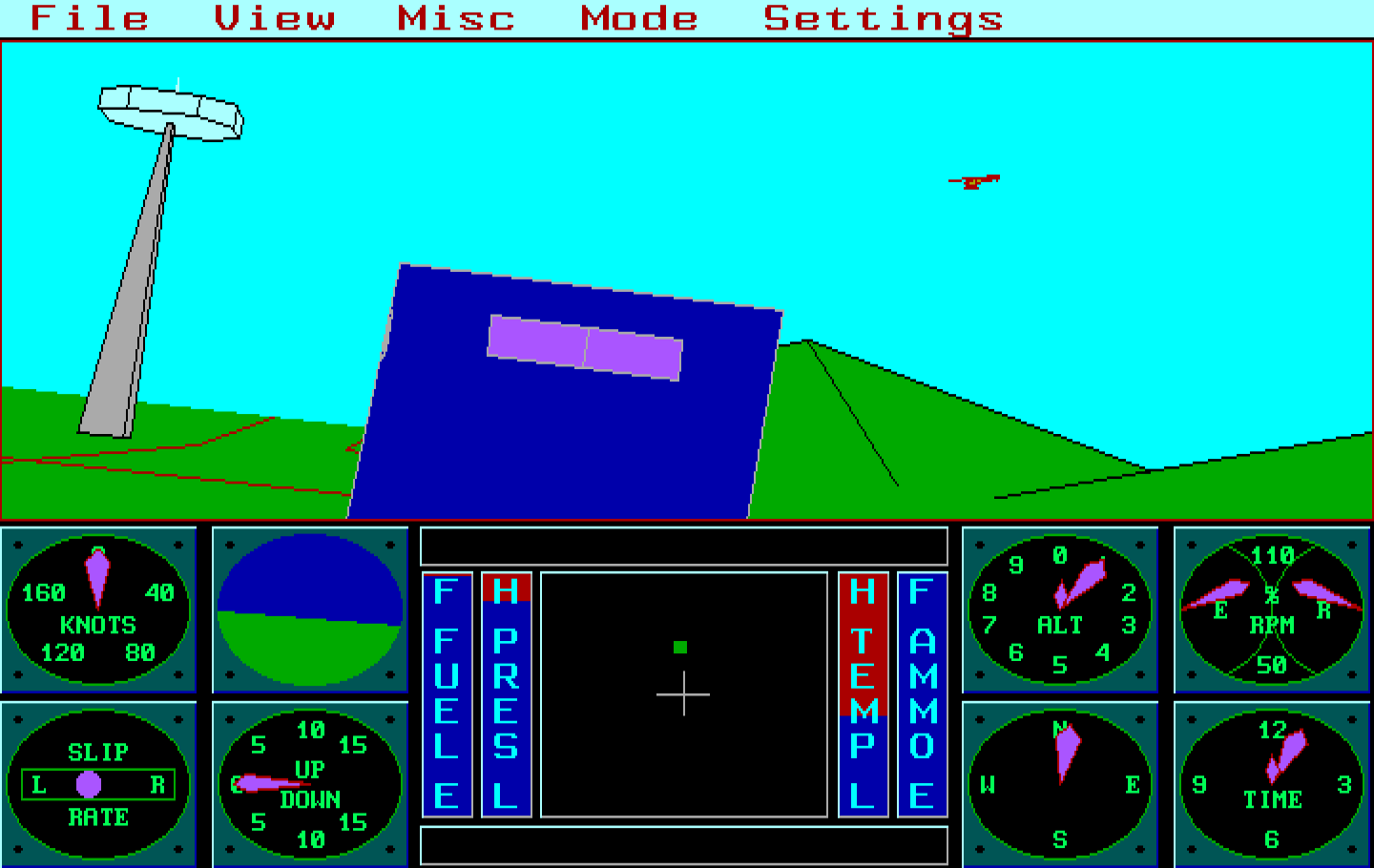 Sierra's 3-D Helicopter Simulator IBM PC/Compatibles Screenshot: Beginning a target mission; don't crash into that building on takeoff!