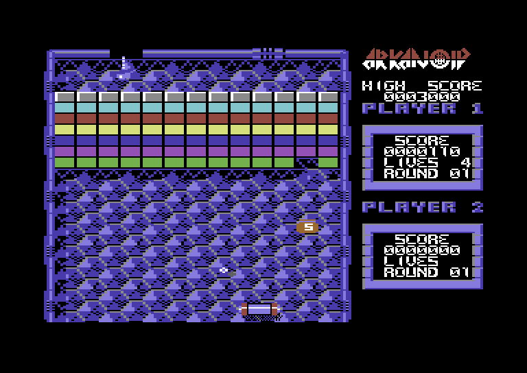 Arkanoid Commodore 64 Screenshot: Gameplay on the first level.