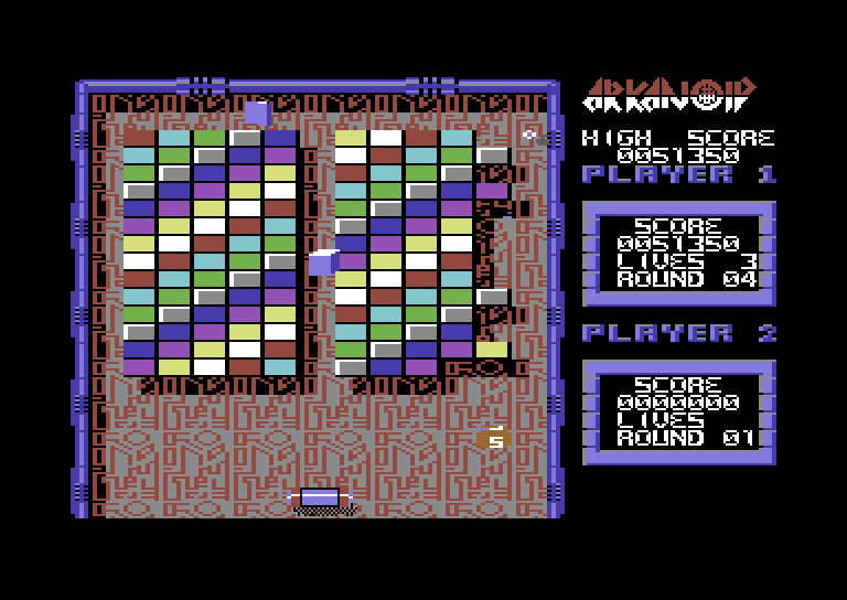 Arkanoid Commodore 64 Screenshot: Round four; collect the "S" capsule to slow the ball down.