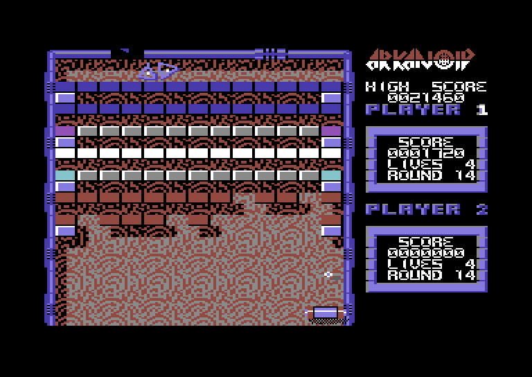 Arkanoid Commodore 64 Screenshot: Game demo mode showing round 14.