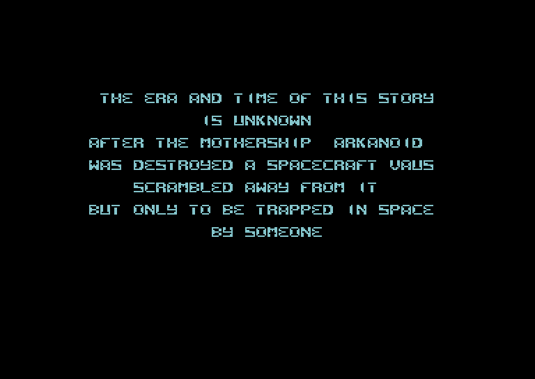 Arkanoid Commodore 64 Screenshot: Starting a game; the story so far...