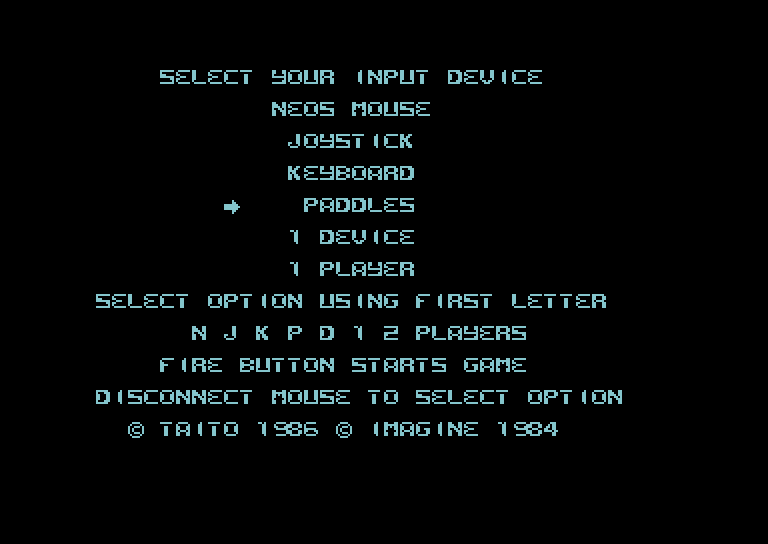 Arkanoid Commodore 64 Screenshot: Select game options.