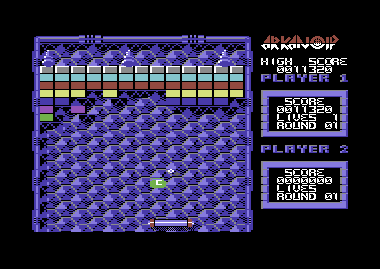 Arkanoid Commodore 64 Screenshot: The "C" capsule allows your paddle to catch the ball.