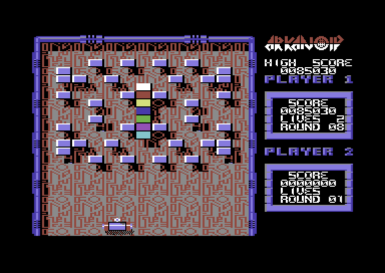 Arkanoid Commodore 64 Screenshot: Round 8 doesn't have a lot of bricks to destroy, but they're hard to get to!