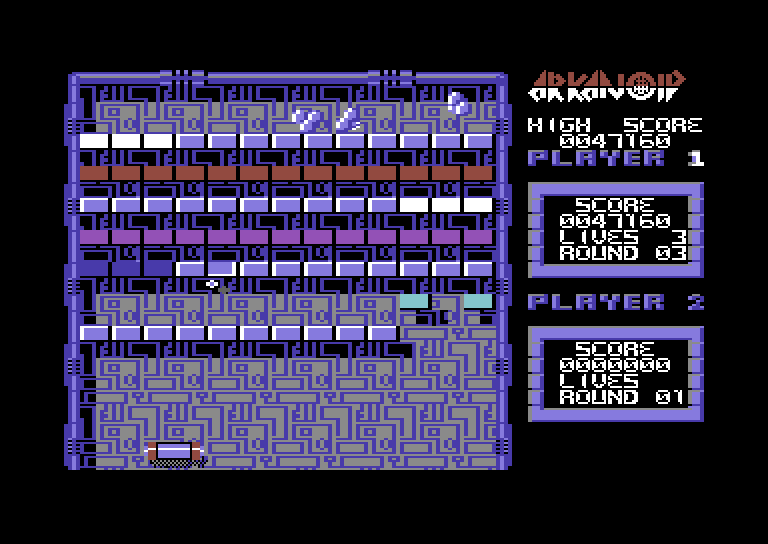 Arkanoid Commodore 64 Screenshot: Round three introduces the indestructible bricks.