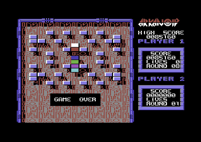 Arkanoid Commodore 64 Screenshot: Game over.