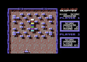 Arkanoid for Commodore 64 - Round 8 doesn't have a lot of bricks to destroy, but they're hard to get to!