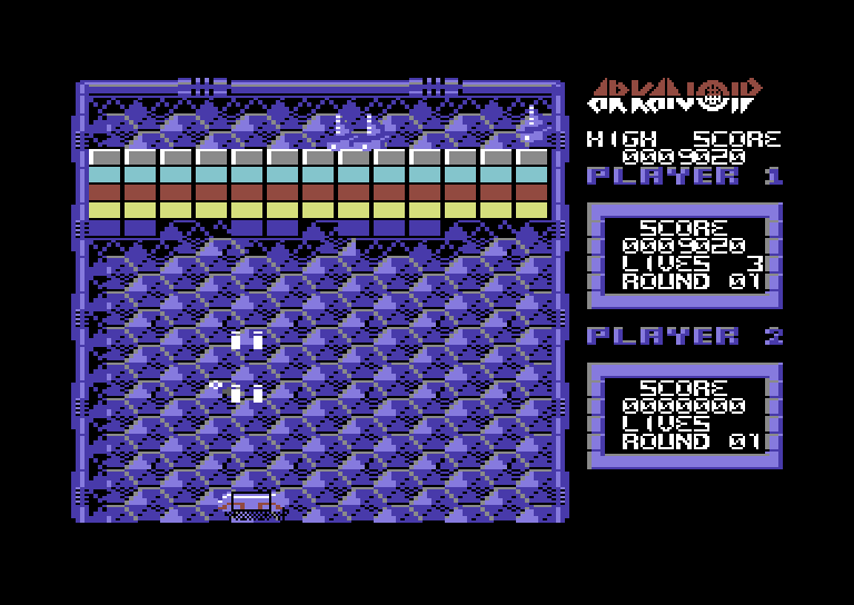 Arkanoid Commodore 64 Screenshot: Use the laser paddle to destroy bricks...