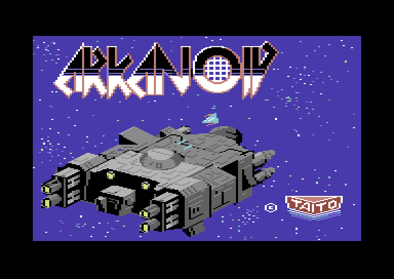 Arkanoid Commodore 64 Screenshot: Game introduction; the mothership Arkanoid is attacked...