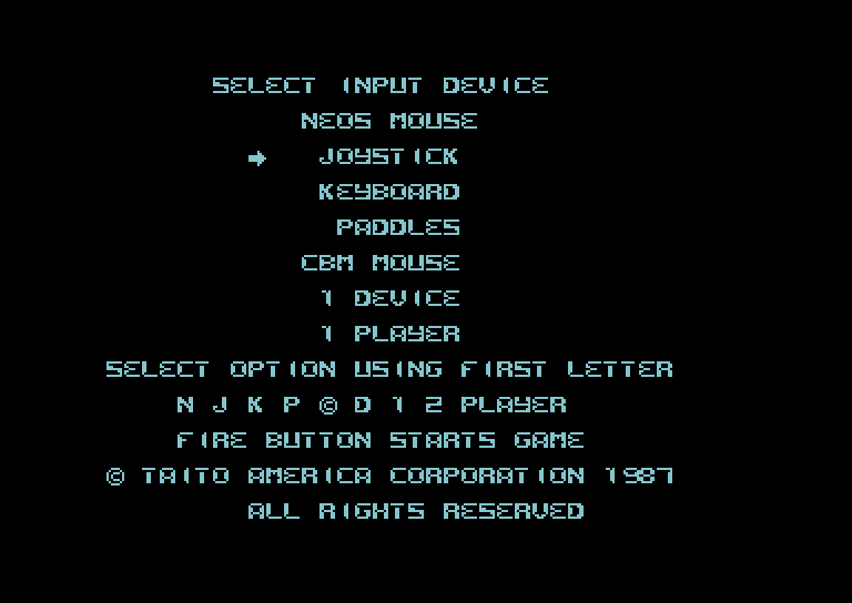Arkanoid Commodore 64 Screenshot: Setting some game options.