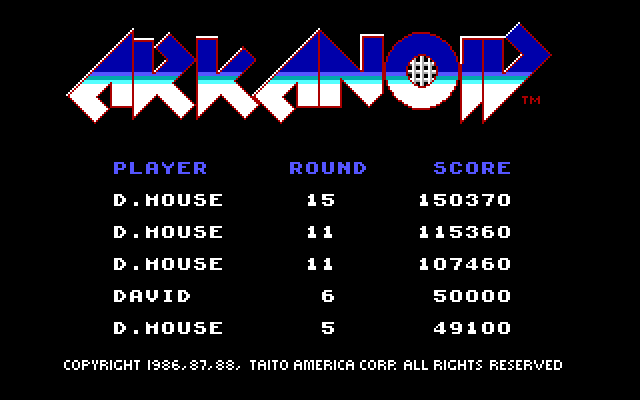 Arkanoid IBM PC/Compatibles Screenshot: Title screen.