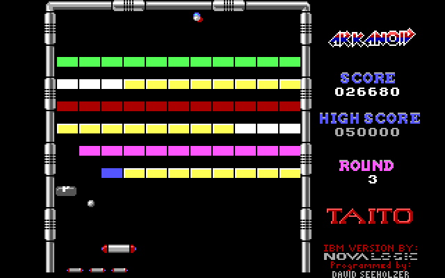 Arkanoid IBM PC/Compatibles Screenshot: The gold (yellow) bricks can't be destroyed making this round tough.