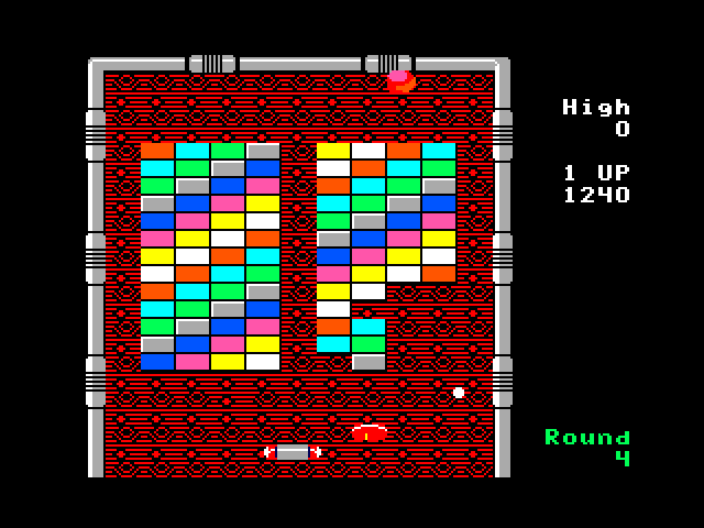 Arkanoid TRS-80 Color Computer Screenshot: Round 4 is easier than round 3 due to no gold bricks.